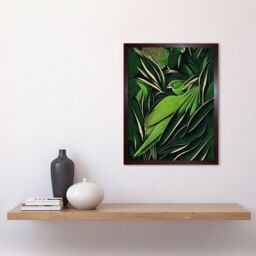 "Artery8 Wall Art Print Green Modern Vintage Retro Abstract Jungle Tropical Leaves Parrots Art Framed in Brown - Size: W12"" x H16""" - thumbnail 2