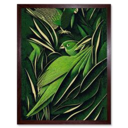 "Artery8 Wall Art Print Green Modern Vintage Retro Abstract Jungle Tropical Leaves Parrots Art Framed in Brown - Size: W12"" x H16""" - thumbnail 1