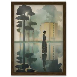 Artery8 Wall Art Print Reflecting & Reflection of Calm Artwork Modern Simple Calming Soft Painting Flat Lake Trees Artwork Framed A4 in Brown - thumbnail 1