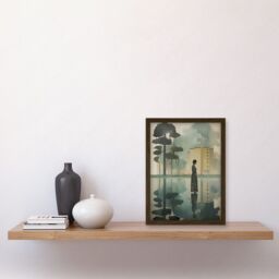 Artery8 Wall Art Print Reflecting & Reflection of Calm Artwork Modern Simple Calming Soft Painting Flat Lake Trees Artwork Framed A4 in Brown - thumbnail 2