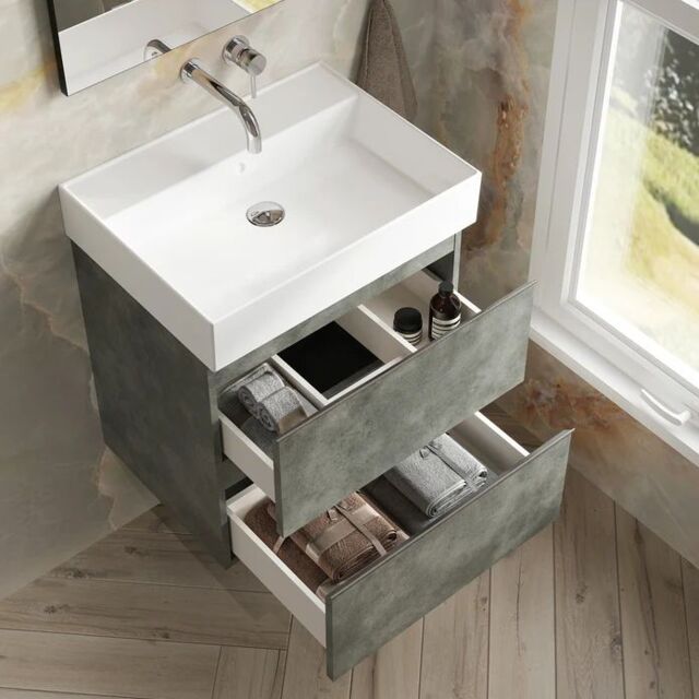Banyetti Vatilla 800mm Wall Hung Vanity Unit with Veneto 0 Tap Hole Basin - Cemento Grey - image 1