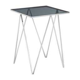Orsina Square Black Glass Side Table, Polished Stainless Steel Zig-Zag Legs, Modern Tempered Glass Top End Table in Silver - thumbnail 2