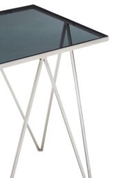 Orsina Square Black Glass Side Table, Polished Stainless Steel Zig-Zag Legs, Modern Tempered Glass Top End Table in Silver - thumbnail 3