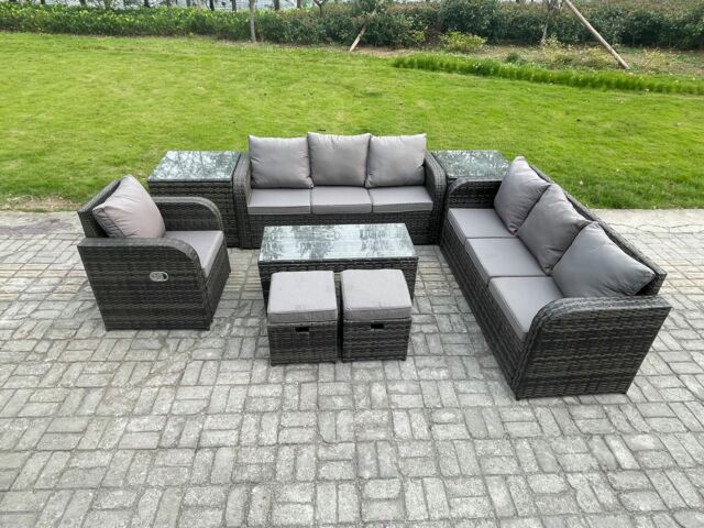 Fimous Outdoor Sofa Set 9 Seater Rattan Garden Furniture Set with Rectangular Coffee Table 2 Small Footstools 3 Seater Sofa 2 Side Tables in Dark Grey - image 1