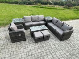 Fimous Outdoor Sofa Set 9 Seater Rattan Garden Furniture Set with Rectangular Coffee Table 2 Small Footstools 3 Seater Sofa 2 Side Tables in Dark Grey - thumbnail 2
