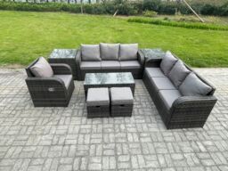 Fimous Outdoor Sofa Set 9 Seater Rattan Garden Furniture Set with Rectangular Coffee Table 2 Small Footstools 3 Seater Sofa 2 Side Tables in Dark Grey - thumbnail 1