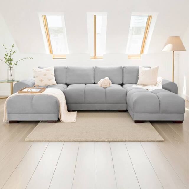 Furnishings For Less UK Zura Grey Fabric Large U Shaped 4 - 5 Seater Sofa Wooden Legs - image 1