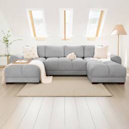 Furnishings For Less UK Zura Grey Fabric Large U Shaped 4 - 5 Seater Sofa Wooden Legs - thumbnail 1
