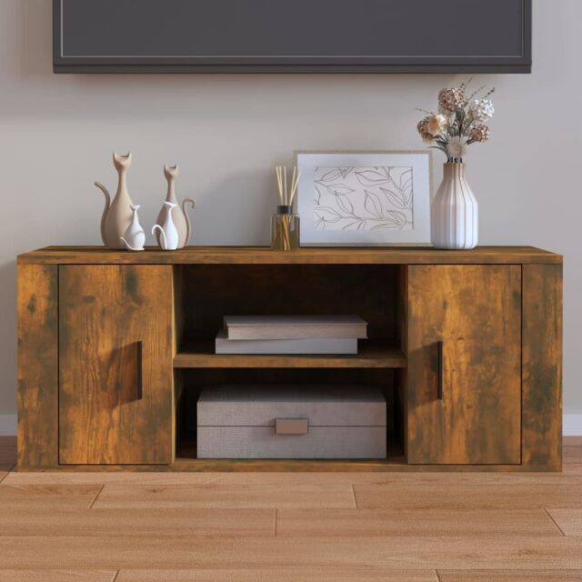 Berkfield Home TV Cabinet Smoked Oak 100x35x40 cm Engineered Wood in Brown - Size: 100 x 35 x 40 cm - image 1
