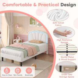 Merax Velvet Shell Shaped 3ft Single Bed with LED & Adjustable Headboard in White - thumbnail 6