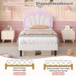 Merax Velvet Shell Shaped 3ft Single Bed with LED & Adjustable Headboard in White - thumbnail 8