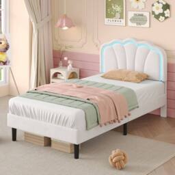 Merax Velvet Shell Shaped 3ft Single Bed with LED & Adjustable Headboard in White - thumbnail 5