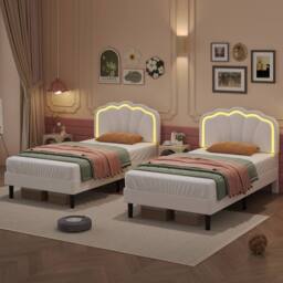 Merax Velvet Shell Shaped 3ft Single Bed with LED & Adjustable Headboard in White - thumbnail 4