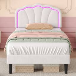 Merax Velvet Shell Shaped 3ft Single Bed with LED & Adjustable Headboard in White - thumbnail 3