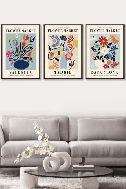ARTZE Set of 3 Black Framed Flower Market Barcelona Exhibition in Bright Colours Wall Art - Size: W45 cm x H62 cm x D20mm - image 1