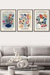 ARTZE Set of 3 Black Framed Flower Market Barcelona Exhibition in Bright Colours Wall Art - Size: W45 cm x H62 cm x D20mm - thumbnail 1