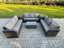 Fimous Rattan Lounge Sofa Set 9 Seater Outdoor Garden Furniture Set with Rectangular Coffee Table 3 Seater Sofa Side Table in Dark Grey - thumbnail 1