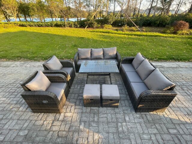Fimous 10 Seater Rattan Outdoor Garden Furniture Sofa Set Patio Table & Chairs Set with 3 Seater Sofa 2 Small Footstool Dark Grey Mixed - image 1