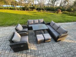 Fimous 10 Seater Rattan Outdoor Garden Furniture Sofa Set Patio Table & Chairs Set with 3 Seater Sofa 2 Small Footstool Dark Grey Mixed - thumbnail 2