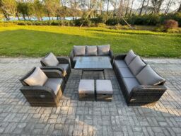 Fimous 10 Seater Rattan Outdoor Garden Furniture Sofa Set Patio Table & Chairs Set with 3 Seater Sofa 2 Small Footstool Dark Grey Mixed - thumbnail 1