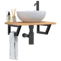 Berkfield Home Basin Shelf Wall Mounted Steel & Solid Wood Oak in Brown - thumbnail 2