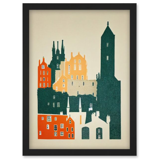 Artery8 Edinburgh Old Town Retro Street Illustration Artwork Framed Wall Art Print A4 in Black - image 1