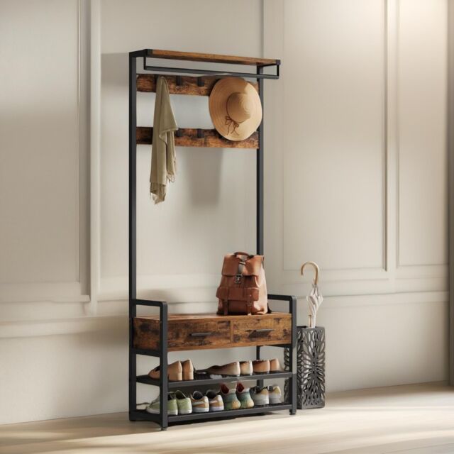 FURNOS Industrial Hall Tree Coat Rack Shoe Storage Bench in Brown - image 1