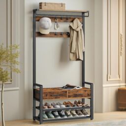 FURNOS Industrial Hall Tree Coat Rack Shoe Storage Bench in Brown - thumbnail 2
