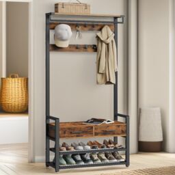 FURNOS Industrial Hall Tree Coat Rack Shoe Storage Bench in Brown - thumbnail 3