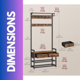 FURNOS Industrial Hall Tree Coat Rack Shoe Storage Bench in Brown - thumbnail 6