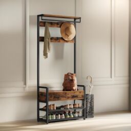 FURNOS Industrial Hall Tree Coat Rack Shoe Storage Bench in Brown - thumbnail 1