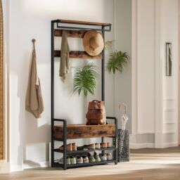 FURNOS Industrial Hall Tree Coat Rack Shoe Storage Bench in Brown - thumbnail 5