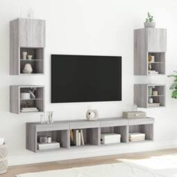 Berkfield Home Bedside Cabinets with LED Lights Wall-mounted 2 pcs Grey Sonoma - thumbnail 5
