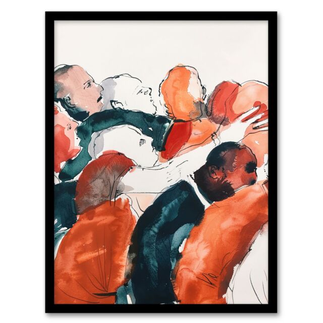 Artery8 Sport Rugby Football Scrum Close Up Watercolour Framed Wall Art in Red - Size: A4 - image 1