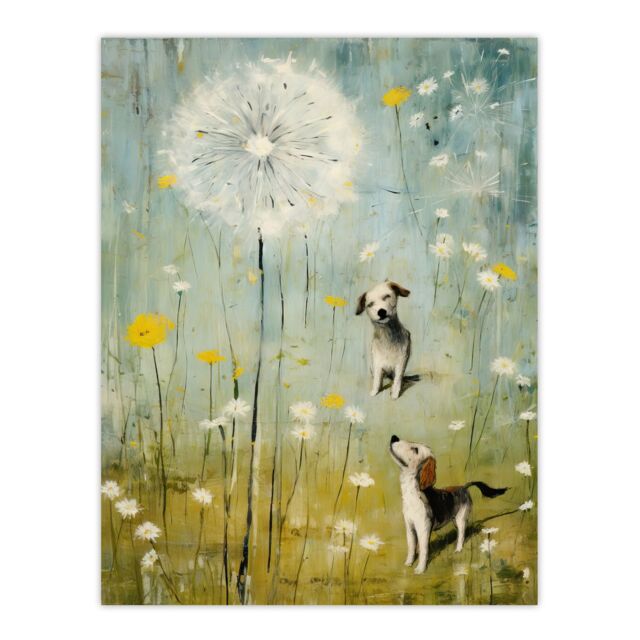 "Artery8 The Giant Dandelion & Curious Dogs Bright Oil Painting Unframed Wall Art Print Poster Home Decor Premium - Size: W12"" x H16""" - image 1