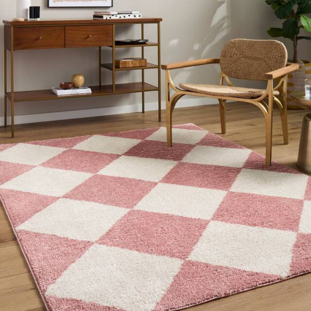 Livabliss Fossay Shag-Washable Pink Ivory Modern High Pile Diamond Pattern Rug - Size: 200 cm x 275 cm - image 1