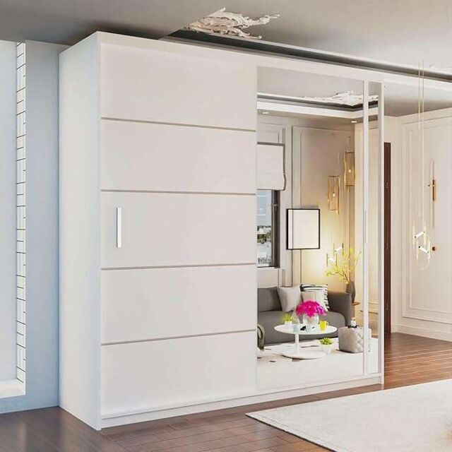 MN Furniture Double Door Sliding Mirror Wardrobe - LED Light 180cm x217cm in White - Size: 180 cm x217 cm - image 1