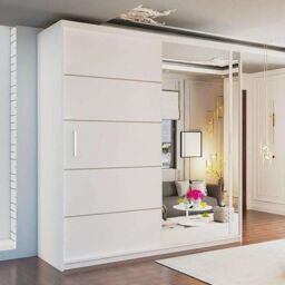 MN Furniture Double Door Sliding Mirror Wardrobe - LED Light 180cm x217cm in White - Size: 180 cm x217 cm - thumbnail 1