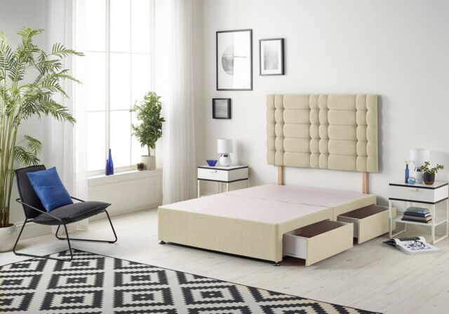 Somnior Bliss Divan Bed Base With 4 Drawers & Headboard Linen in Cream - Size: King - image 1