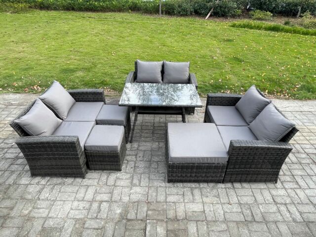Fimous Outdoor Lounge Sofa Set Wicker PE Rattan Garden Furniture Set with Rectangular Dining Table 2 Seat Sofa 3 Footstools in Dark Grey - image 1