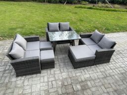 Fimous Outdoor Lounge Sofa Set Wicker PE Rattan Garden Furniture Set with Rectangular Dining Table 2 Seat Sofa 3 Footstools in Dark Grey - thumbnail 2