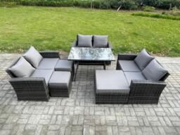 Outdoor Lounge Sofa Set Wicker PE Rattan Garden Furniture Set with Rectangular Dining Table 2 Seat Sofa 3 Footstools