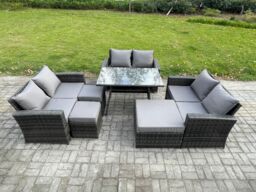 Fimous Outdoor Lounge Sofa Set Wicker PE Rattan Garden Furniture Set with Rectangular Dining Table 2 Seat Sofa 3 Footstools in Dark Grey - thumbnail 1