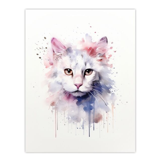 "Artery8 Wall Art Print Pure White Cat Lovers Gift Watercolour Pet Portrait Painting Artwork Poster - Size: W24"" x H32""" - image 1