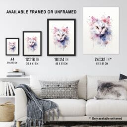 "Artery8 Wall Art Print Pure White Cat Lovers Gift Watercolour Pet Portrait Painting Artwork Poster - Size: W24"" x H32""" - thumbnail 3