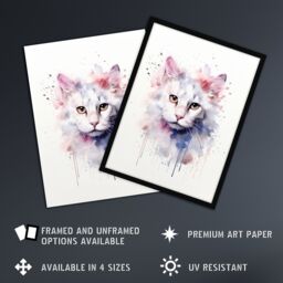 "Artery8 Wall Art Print Pure White Cat Lovers Gift Watercolour Pet Portrait Painting Artwork Poster - Size: W24"" x H32""" - thumbnail 2
