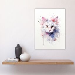 "Artery8 Wall Art Print Pure White Cat Lovers Gift Watercolour Pet Portrait Painting Artwork Poster - Size: W24"" x H32""" - thumbnail 4