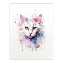 "Artery8 Wall Art Print Pure White Cat Lovers Gift Watercolour Pet Portrait Painting Artwork Poster - Size: W24"" x H32""" - thumbnail 1