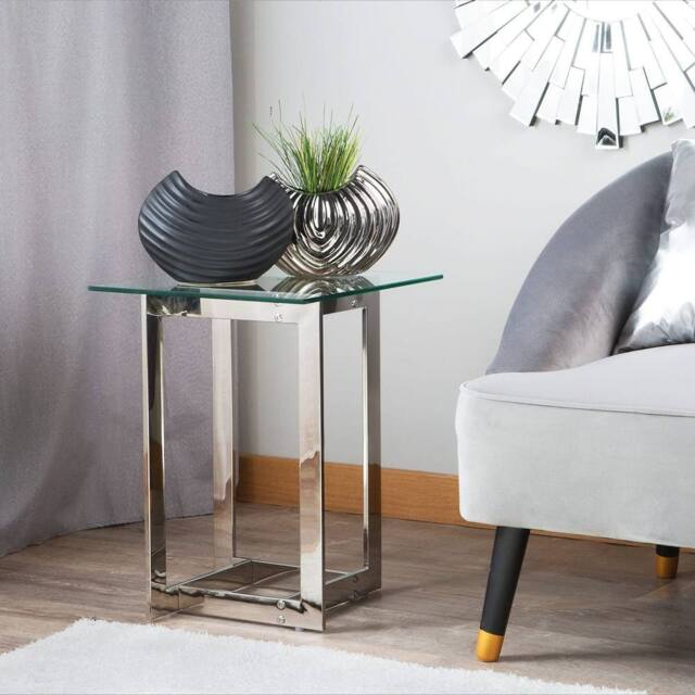 Wyld and Coco Tempered Glass Coffee Table Square Polished Stainless Steel Base in Silver - image 1