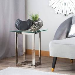 Wyld and Coco Tempered Glass Coffee Table Square Polished Stainless Steel Base in Silver